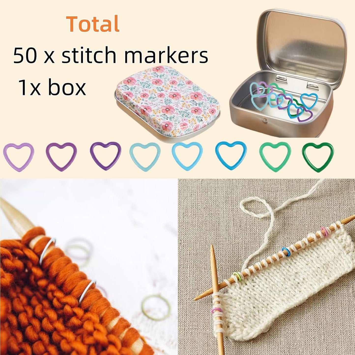 Round Shape Knitting Stitch Markers,50Pcs Multicolor Metal Stitch Markers with Floral Design Small Tin Box
