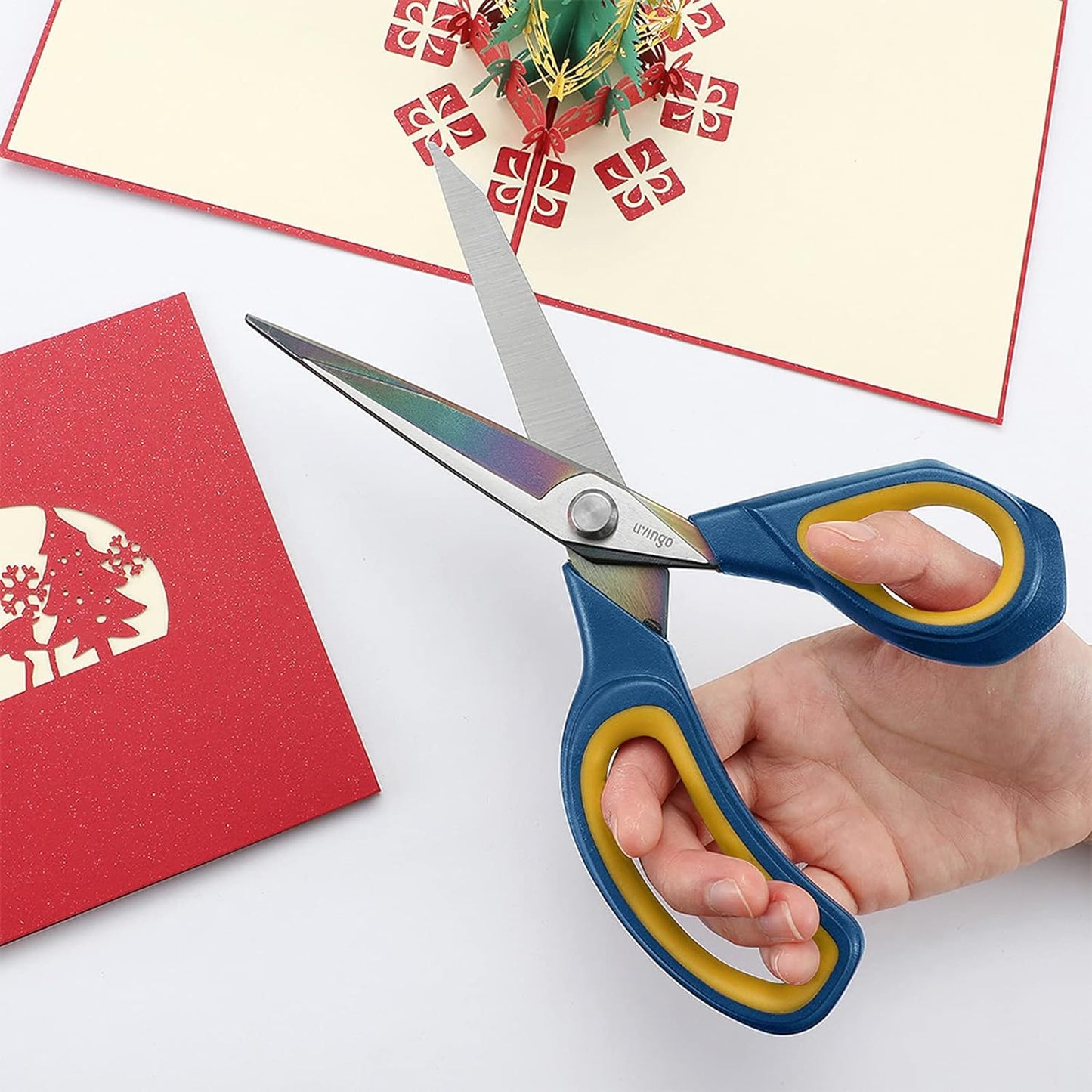 LIVINGO 2 Pack Sharp Fabric Scissors - Heavy Duty Scissors All Purpose, Titanium Coated Forged Sewing Shears for Tailor Dressmaking Crafting Cutting Clothes Leather, 8.5" & 9.5", Blue & Yellow