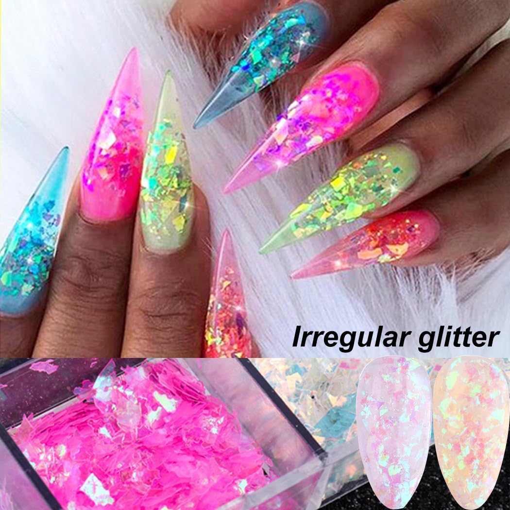 Holographic Nail Art Glitter Iridescent Flakes Nail Foil 12 Grids and Mermaid Flake Glitter Sequins 12 Grids,Colorful Fluorescent Glass Acrylic Nails Supplies Sticker for Make Up