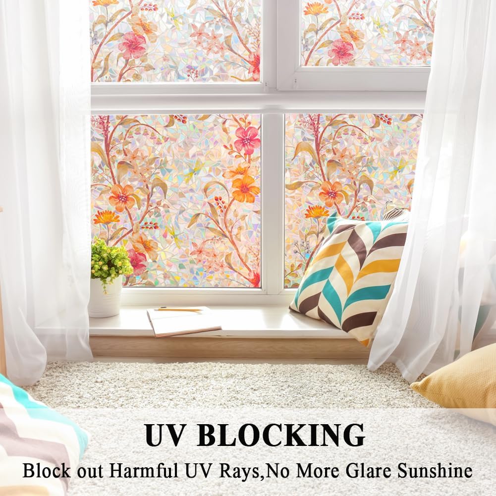 Stained Glass Window Film Static Cling Door Privacy Film Decorative Flowers Red Leaves Window Decals Stickers Heat Control Anti UV for Home and Office,23.6 inches by 78.7 inches