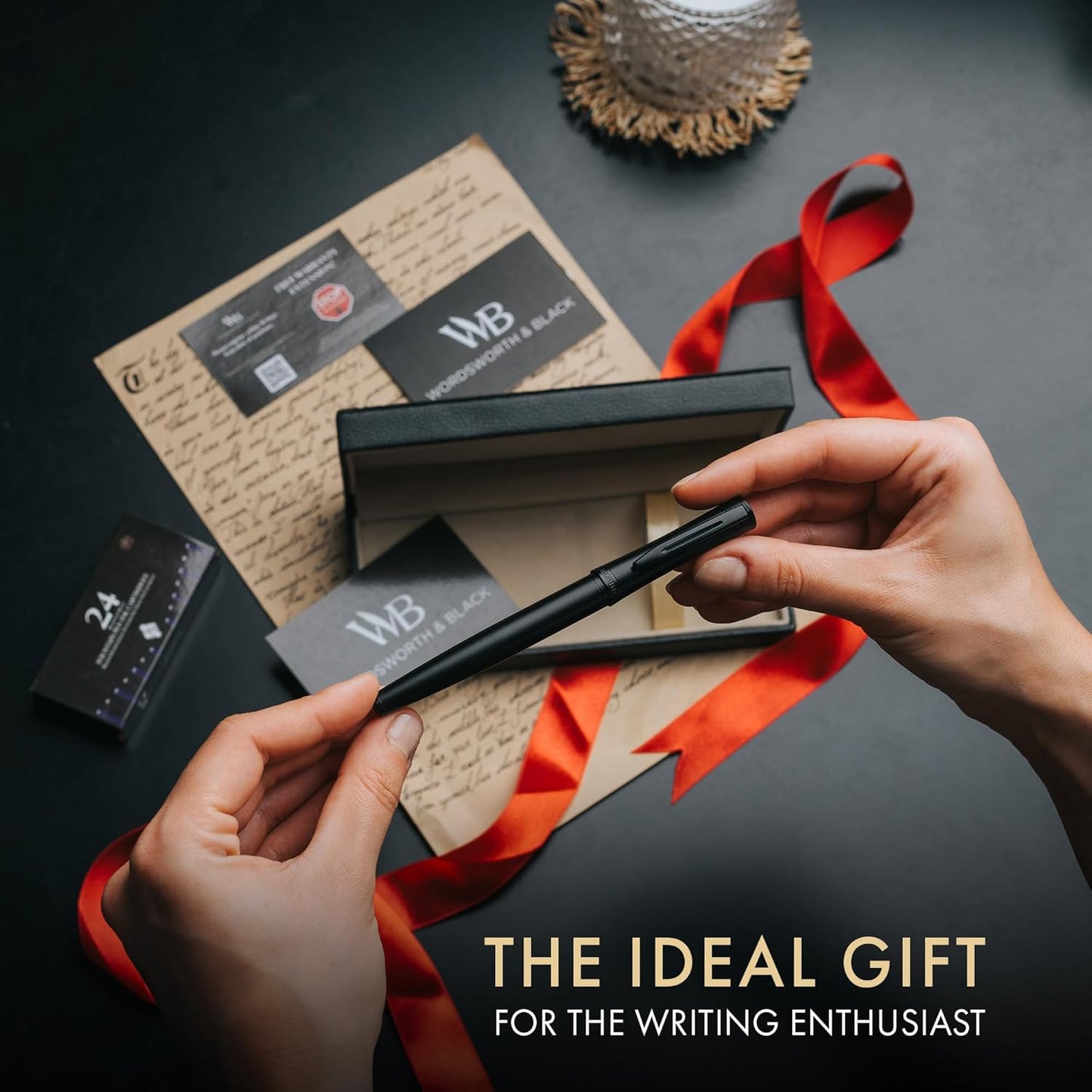 Wordsworth & Black Fountain Pen Set, Broad Nib, Includes 24 Pack Ink Cartridges, Ink Refill Converter & Gift Box, Calligraphy, [All Black], Perfect for Men & Women