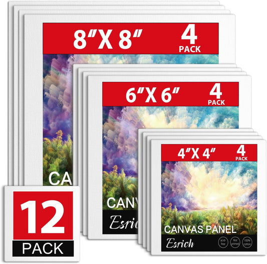 ESRICH Canvas Boards for Painting 12 Pack Canvas for Painting 4x4, 6x6, 8x8 Blank Canvases for Painting-Cotton Primed Painting Canvas Panels for Acrylic, Oil, Gouache & Tempera.