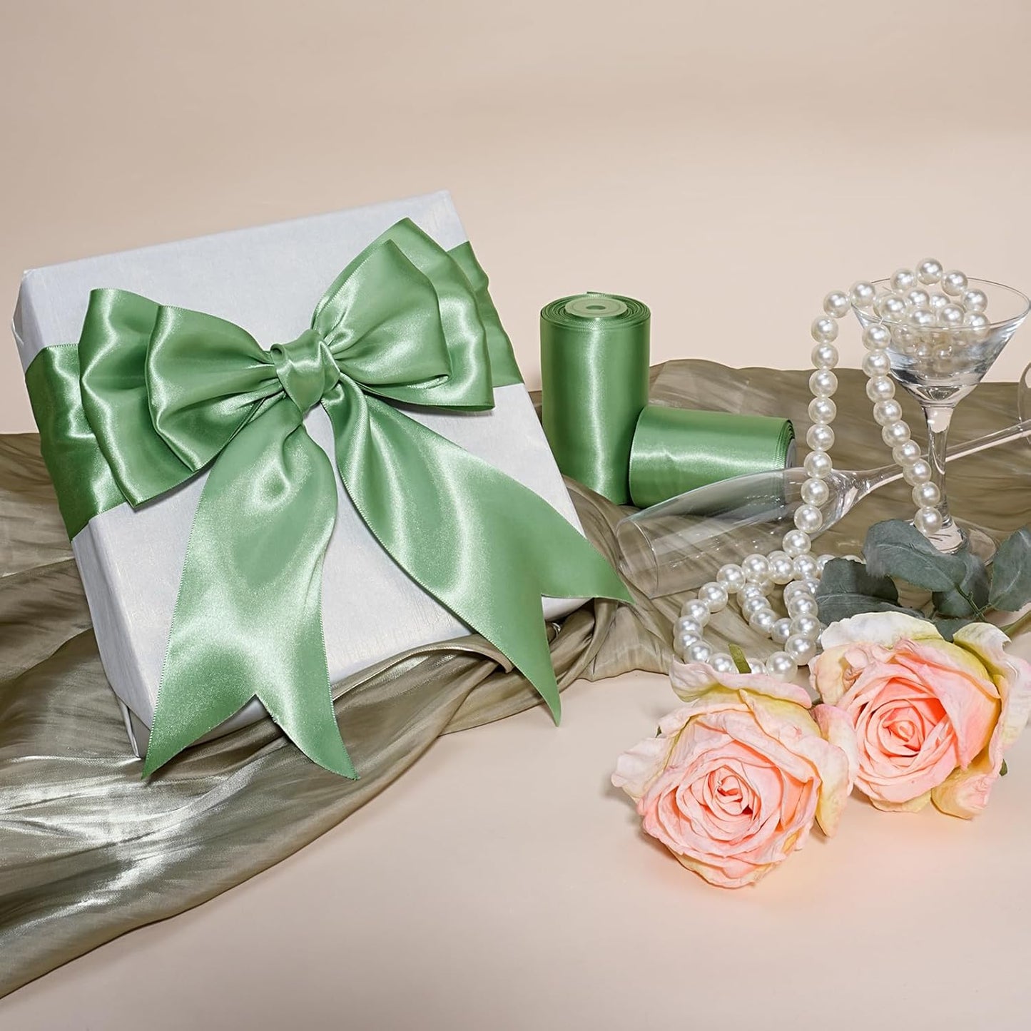 LaRibbons Sage Green Satin Ribbon 3 Inch 10 Yards Double Faced Luxury Light Green Silk Ribbon for Gift Wrapping Flower Bouquets Bow Christmas Wedding Party Decoration