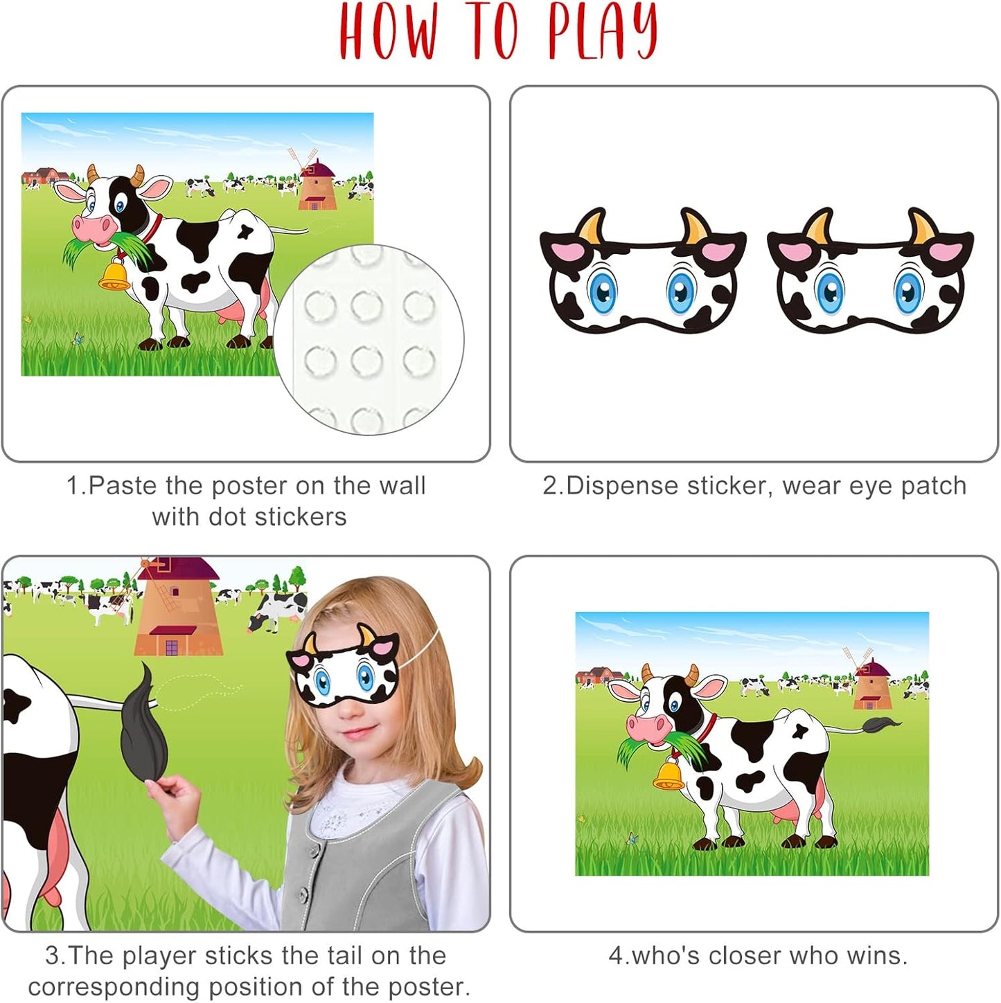 ASTARON Pin The Tail on The Cow Game with 30 Tail Stickers for Farm Birthday Supplies Pin Game, Boys Girls Animal Party Favors Christmas Decorations Home Wall Decor