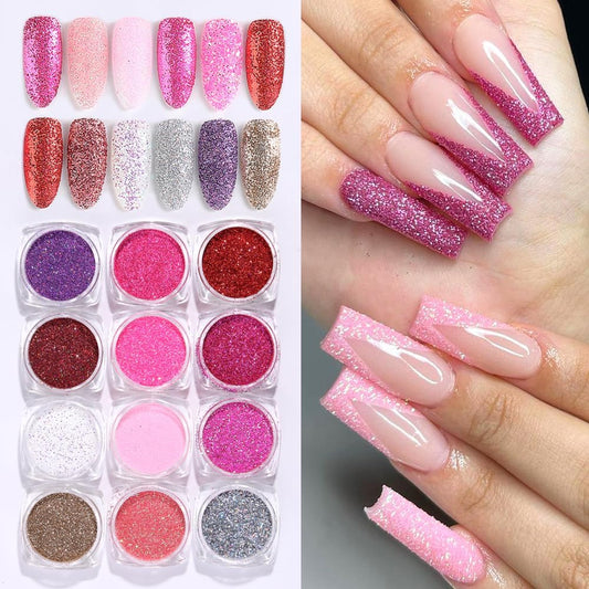 Holographic Sugar Glitter Powder for Nails, 12 Colors Iridescent Sugar Nail Dipping Powder Pigment Ultra Fine Sparkle Nails Gel Polish Glitter Dust Manicure Decoration for Home DIY Salon