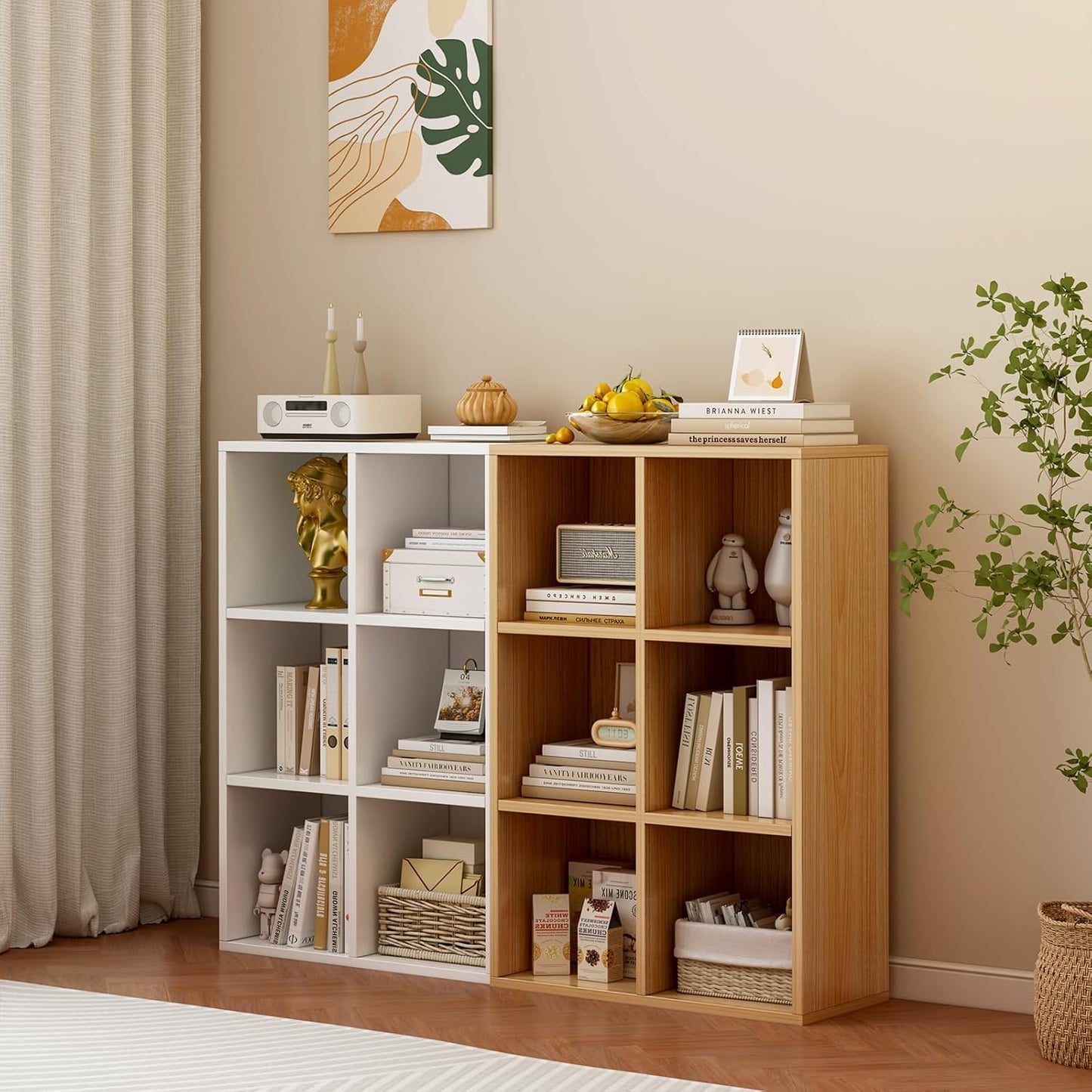 6-Cube Storage Shelf Bookcase - Wooden 3-Tier Floor Standing Open Bookshelf for Home and Office, Display Cabinet, Oak
