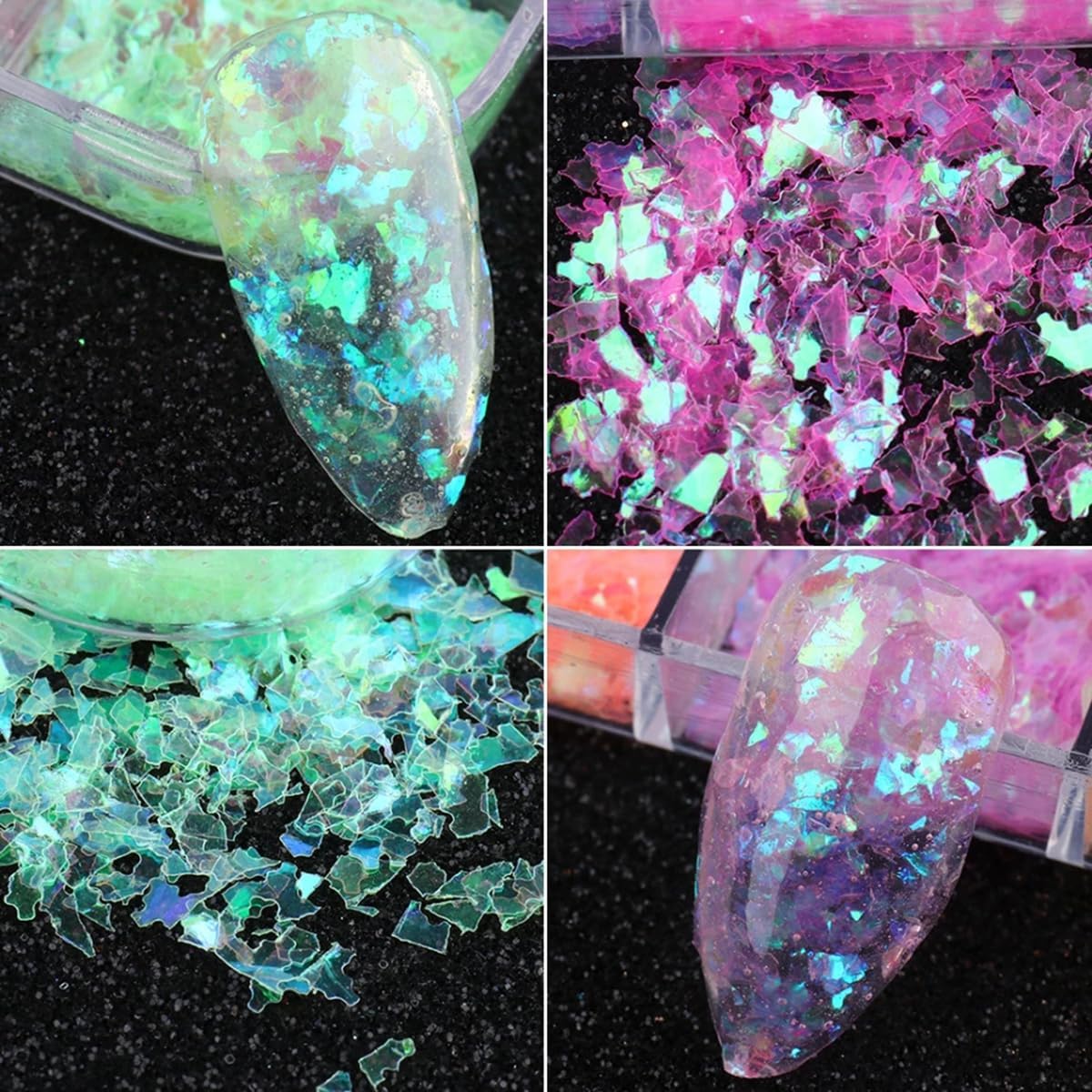 12 Colors Holographic Glitter Nail Art Sequins Aurora Iridescent Nail Flakes Glitter Chameleon Flakes Irregular Ice Slag Glass Paper Ultra Thin Mermaid Nail Glitter for Nail Art Make-up DIY Decoration