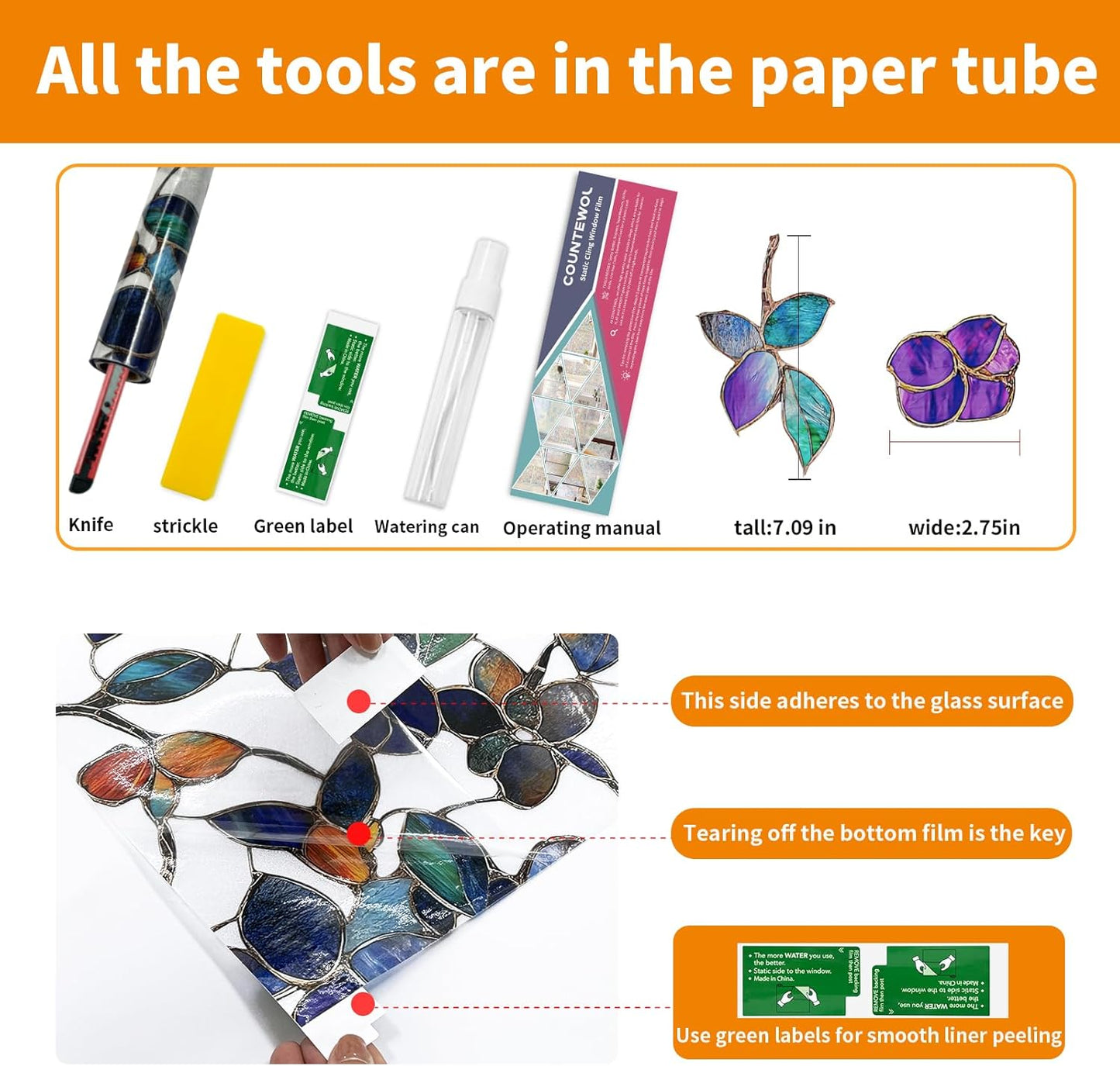 Window Privacy Film Stain Glass Window Film Rainbow Window Film Window clings Non-Adhesive Reusable Decorative for Room (Frosted Stained Leaf, 23.6 x 78.7 in)