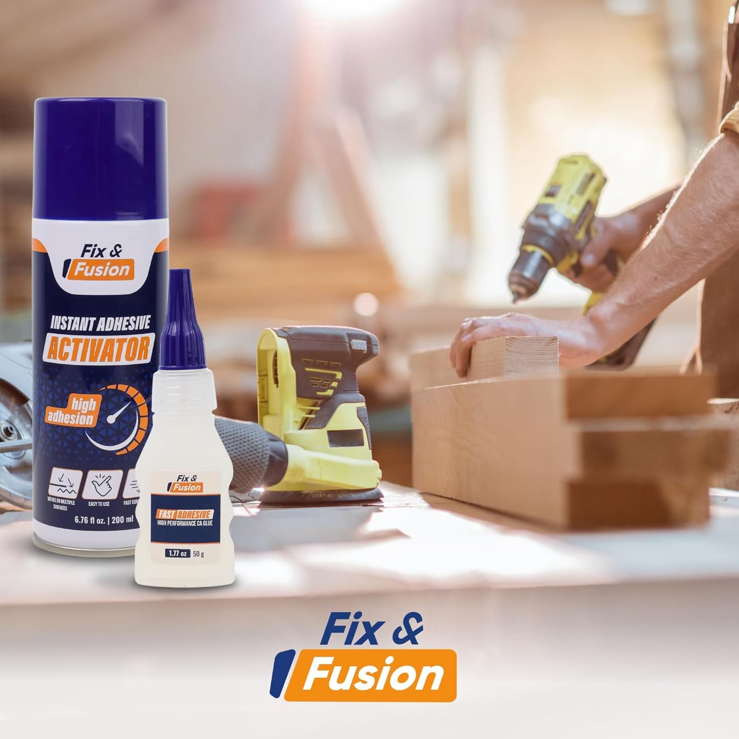 FIX & FUSION Ca Super Glue (1.77 Oz) with Activator Spray (6.76 Fl Oz) Set, Fast Adhesive/Cyanoacrylate Glue & Instant Activator for Woodworking, Plastic, Rubber, Granite, DIY & Industrial, (1 Pack)