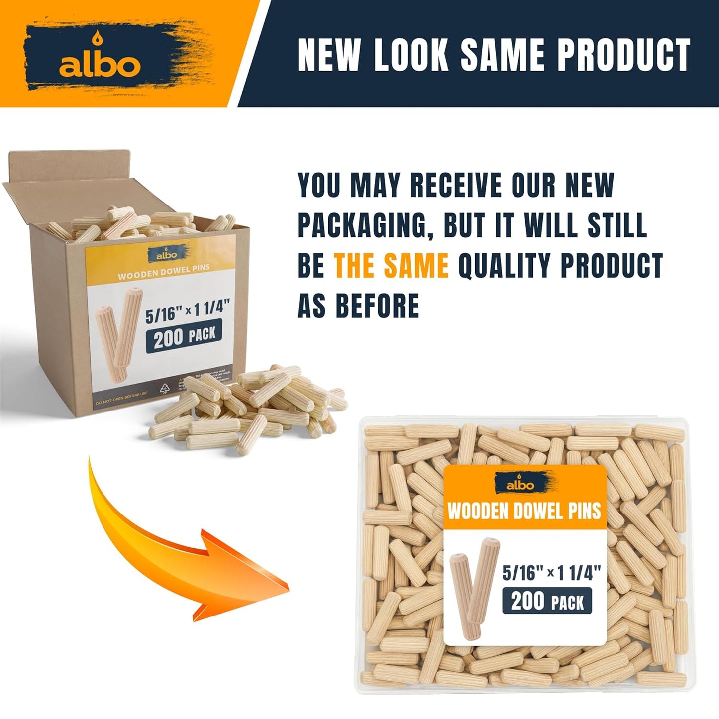 ALBO Wooden Dowel Pins 5/16 x 1 1/4 inch Fluted Wood Dowels Rods 200 Pack Hardwood Crafts Dowel Pegs