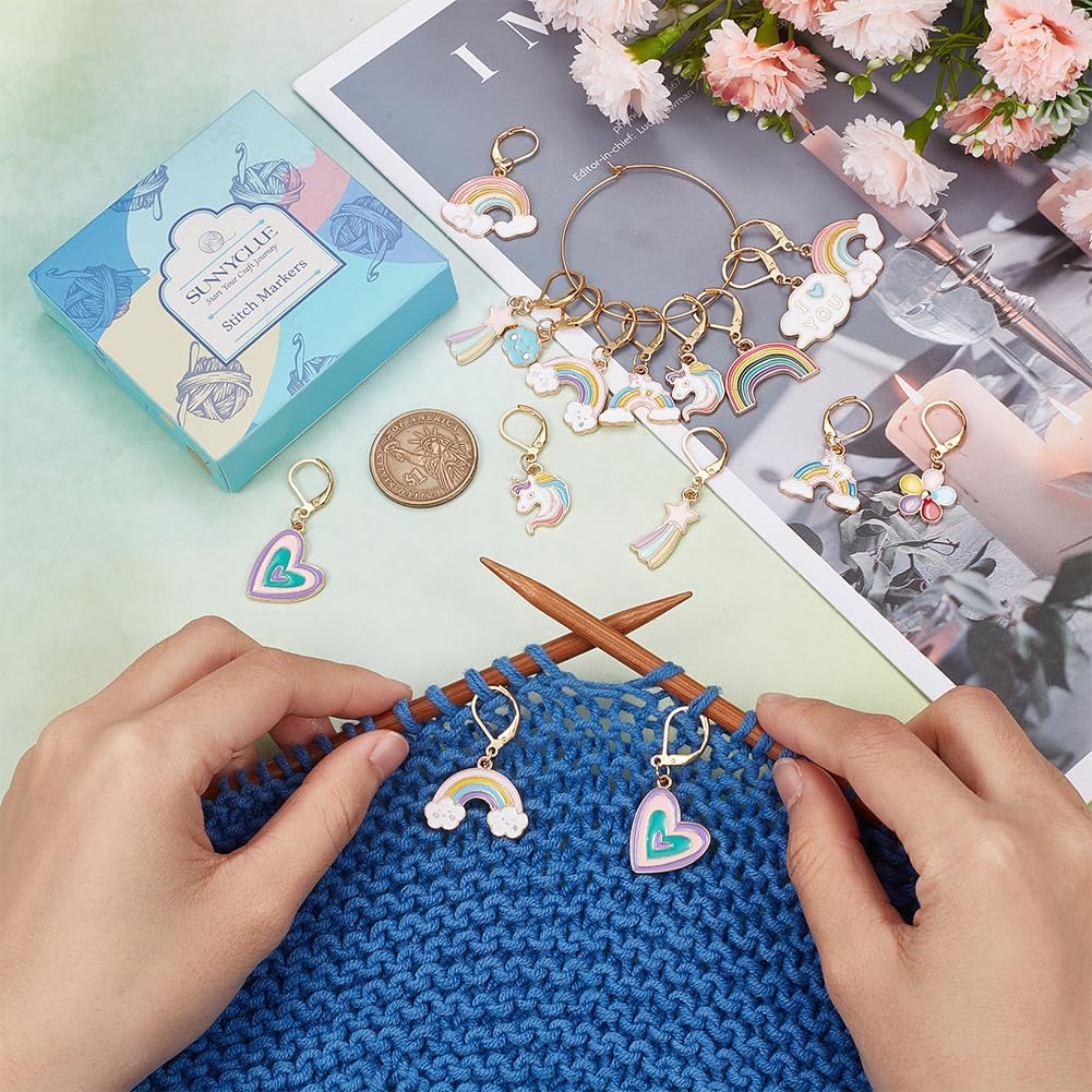 SUNNYCLUE 1 Box 20Pcs Knitting Stitch Markers Crochet Rainbow Colorful Leverback Charms Cute Crochet Markers for Knitting Weaving Sewing Needleworks Women DIY Craft