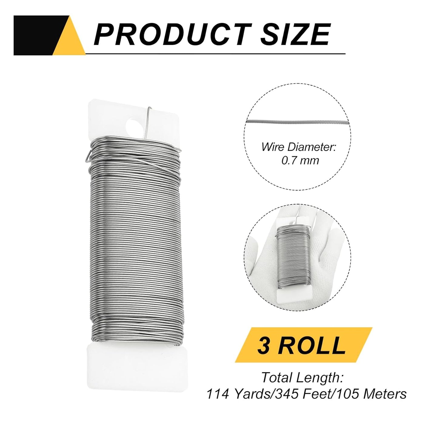 MECCANIXITY 114 Yards/345 Feet Metal Floral Wire 21 Gauge Silver Tone Flexible Paddle Thin Floral Wires for Craft, Christmas Wreath, Flower Arrangement, Wedding, Total 3 Roll