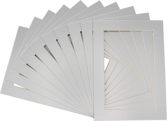 5x7 Mat for 8.5x11 Frame - Precut Mat Board Acid-Free Show Kit with Backing Board, and Clear Bags Metallic Silver 5x7 Photo Matte For a 8.5x11 Picture Frame Matboard for Framing, Pack of 100 Mats