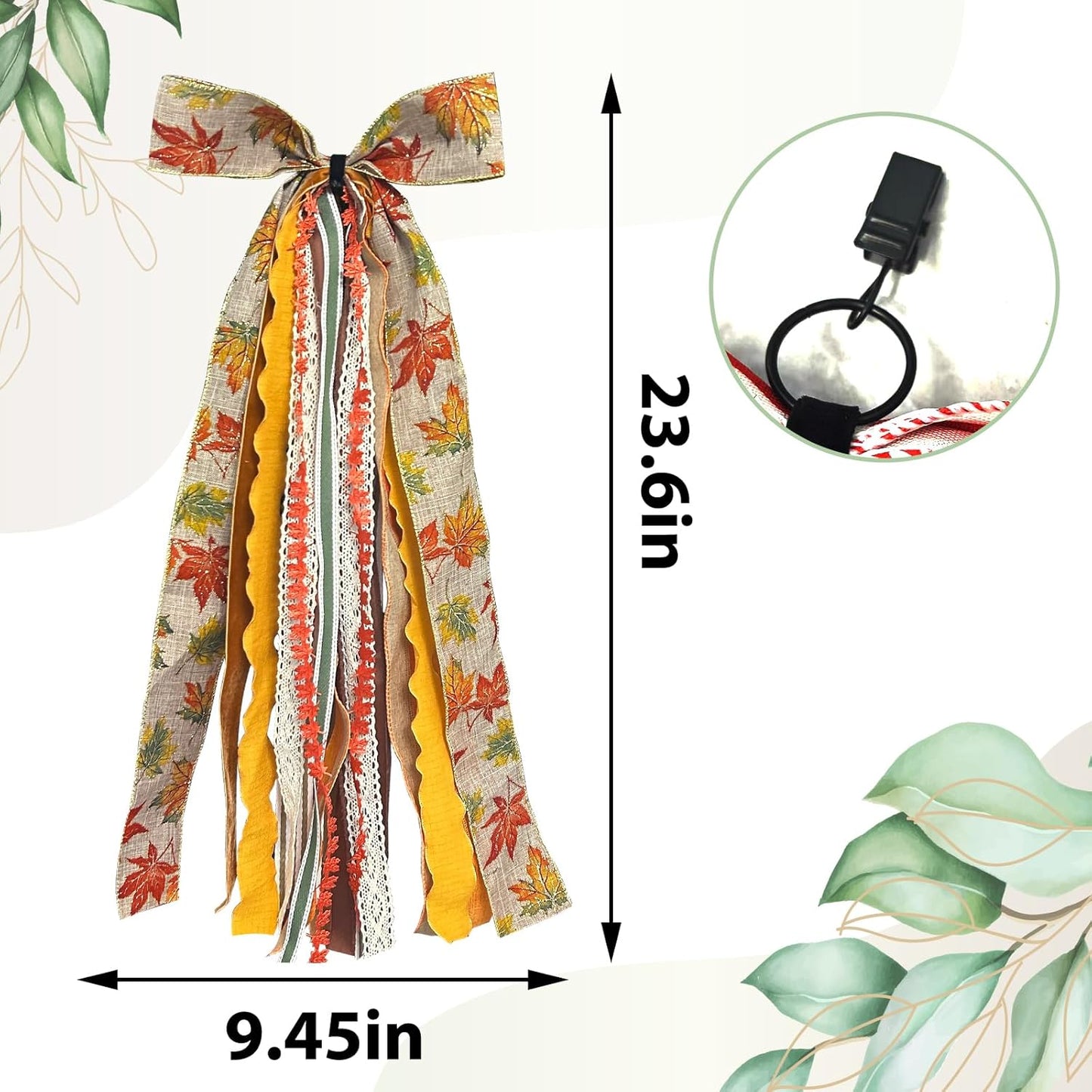 Large Fall Ribbon Bow for Wreath, Orange Maple Leaves Fabric Ribbons Set Assorted Lace Ribbon Fall Clip-On Wreath Sash Ribbons Bundle for Thanksgiving Indoor Outdoor Decor