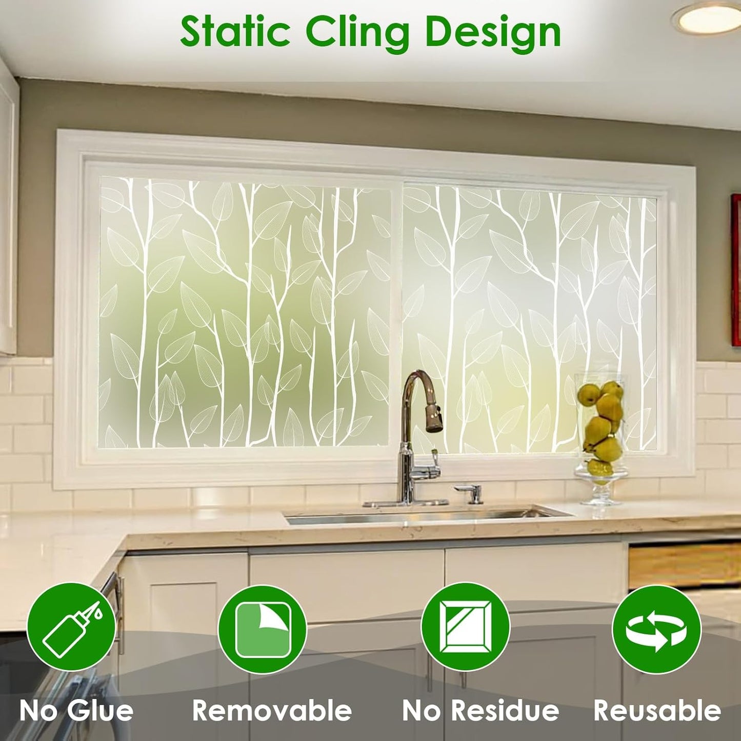 DKTIE Nordic Leaves Window Privacy Film Decorative Stained Glass Sun Blocking Heat Control with Free Installation Tools, Privacy Window Film Day and Night (White, 17.7'' x 78.7'')