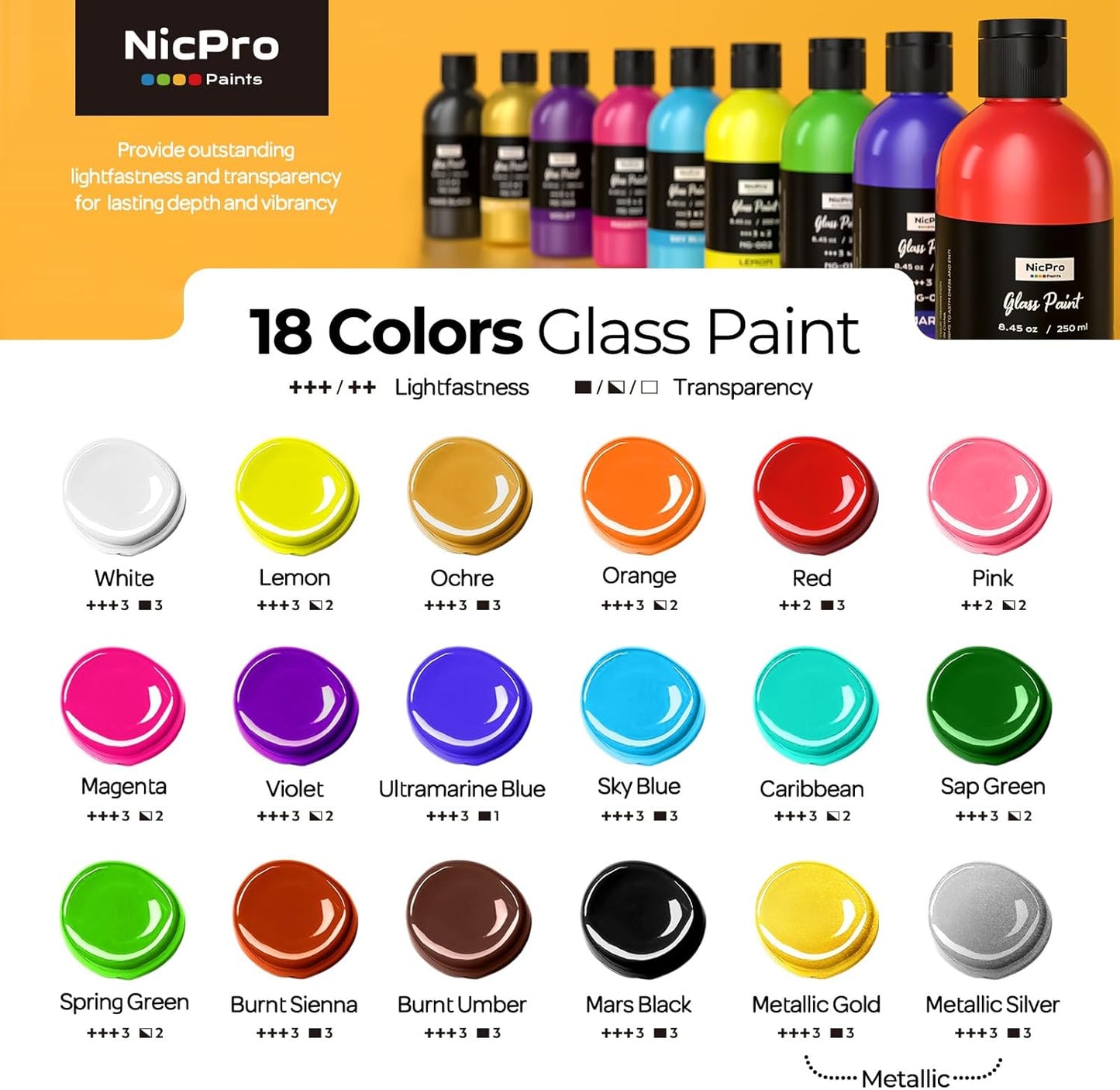 Nicpro 18 Colors Acrylic Glass Paint Set (8.45 oz, 250 ml) Large Bulk Enamel & Ceramic Painting Supplies Kit for Wine Bottle Glass Jars Windows with Sponge & Art Knife, Opaque Gloss Finish