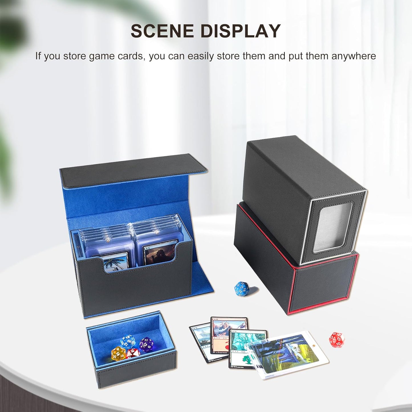 Card Storage Box for Trading Cards，450+ Card Deck Case,Leather Magnetic Closure Commander Storage Box,Protectors Fit for YuGiOh, MTG and Sport Cards (Black, blue, 450+)