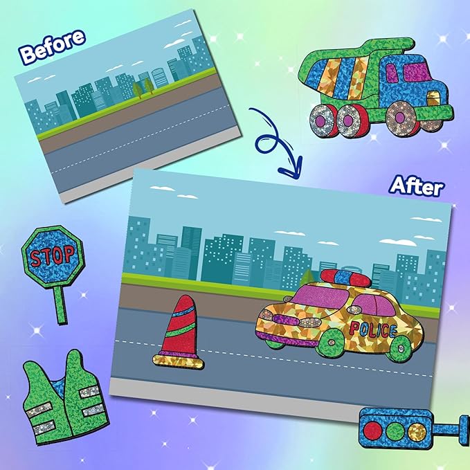 ATFUNSHOP Magical Foil Art Space Dinosaur Traffic Construction & Airplane - No Mess Foil Craft Kit for Kids Ages 4 5 6 7 8 9 Fun Creative DIY Activity, Ideal Birthday Gift for Boy