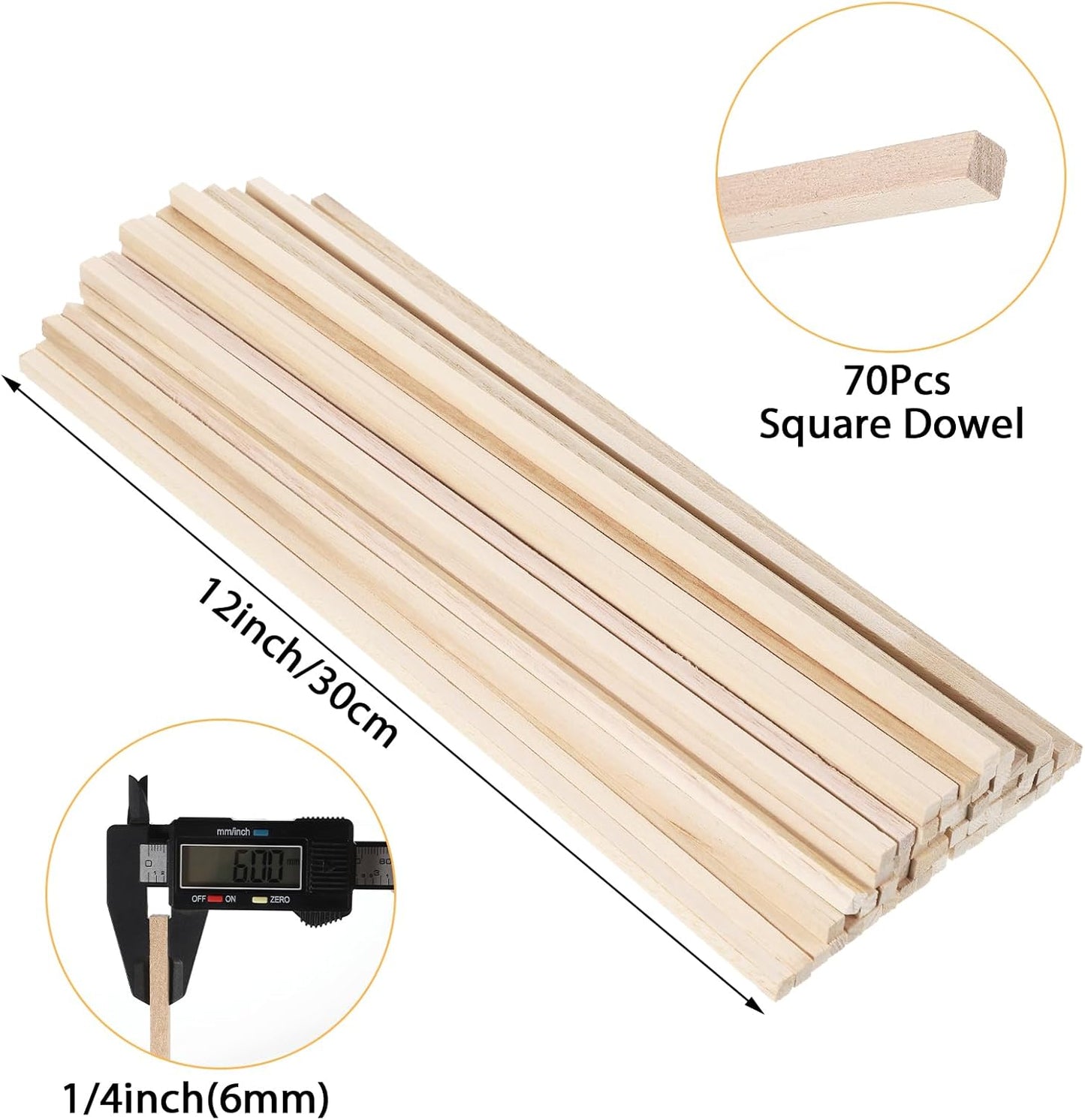 70Pcs 1/4" x 12" Balsa Wood Sticks, Square Dowel Rods Wood Furring Strips Hardwood Sticks for Crafts DIY Projects Models Making