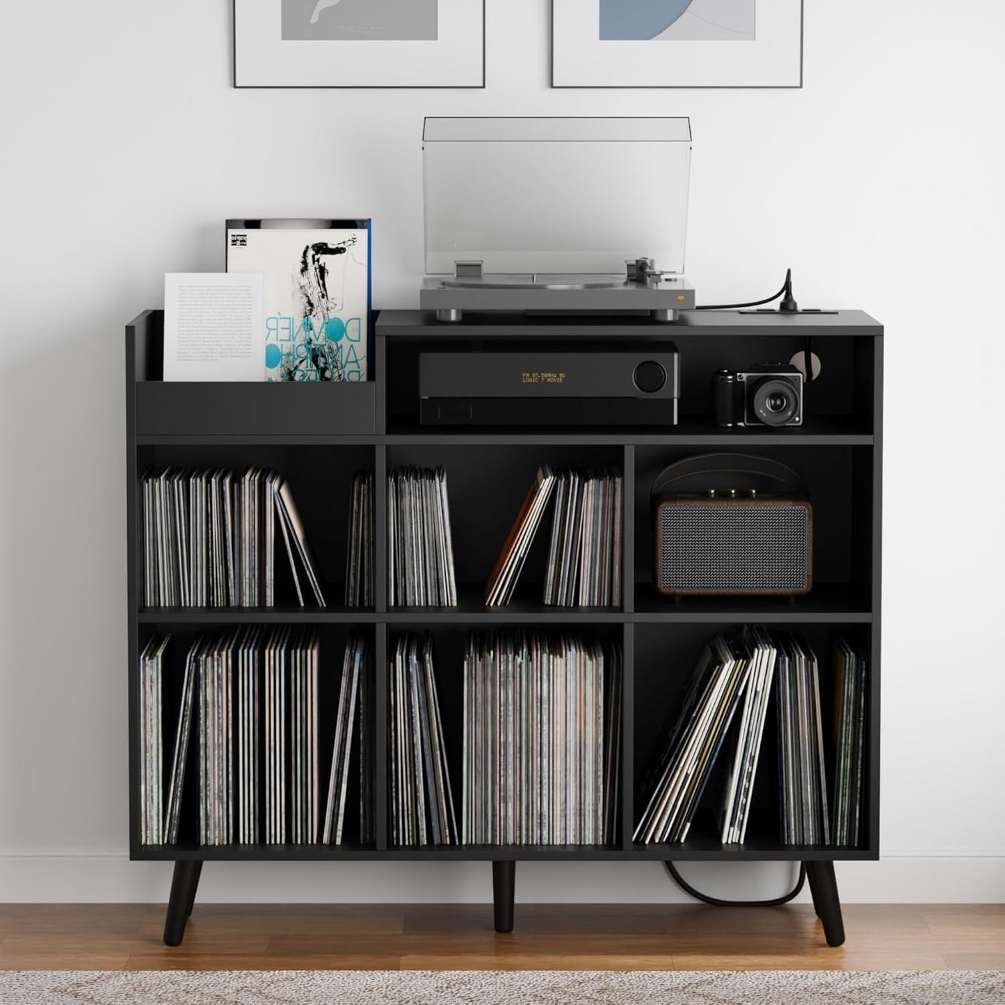 Cozy Castle Large Record Player Stand, Vinyl Storage Cabinet Mid Century Modern Turntable Stand Media Console Table Open Shelf Cube CD Album Holder Organizer for Living Room, Office, Black