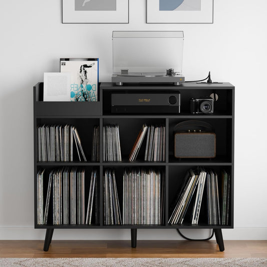 Cozy Castle Large Record Player Stand, Vinyl Storage Cabinet Mid Century Modern Turntable Stand Media Console Table Open Shelf Cube CD Album Holder Organizer for Living Room, Office, Black