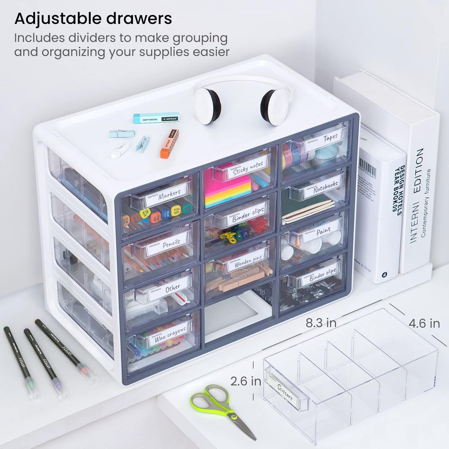 Arteza 12 Drawer Organizer and Storage Cabinet – Clear Plastic, Stackable Drawers for Makeup, Crafts, Sewing, Office Supplies, Small Parts & Tools