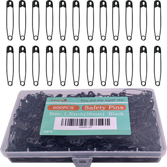 600PCS Safety Pins, 1.5 inch Small Safety Pins, Rust-Resistant Nickel Plated Steel, Sharp Edge Safety Pin for Clothes, Sewing, 38mm Decorative Safety Pins Assorted (Black)
