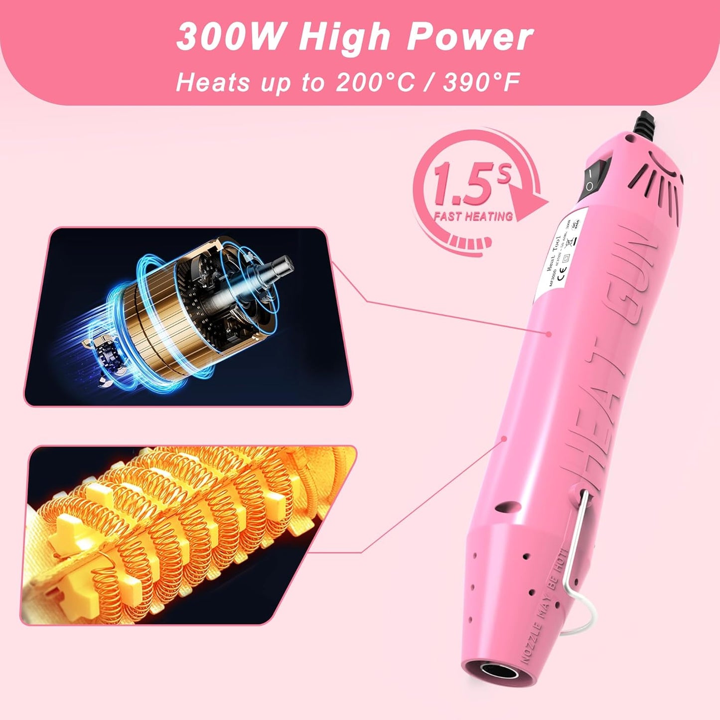 Heat Gun, Mini Heat Gun for Shrink Tubing, Portable Heat Gun for DIY Crafts, 300W Heat Air Gun with Reflector Nozzle, Shrink Wrap Gun Tool for Shrink Packaging PVC, Drying Paint, Clay - Pink
