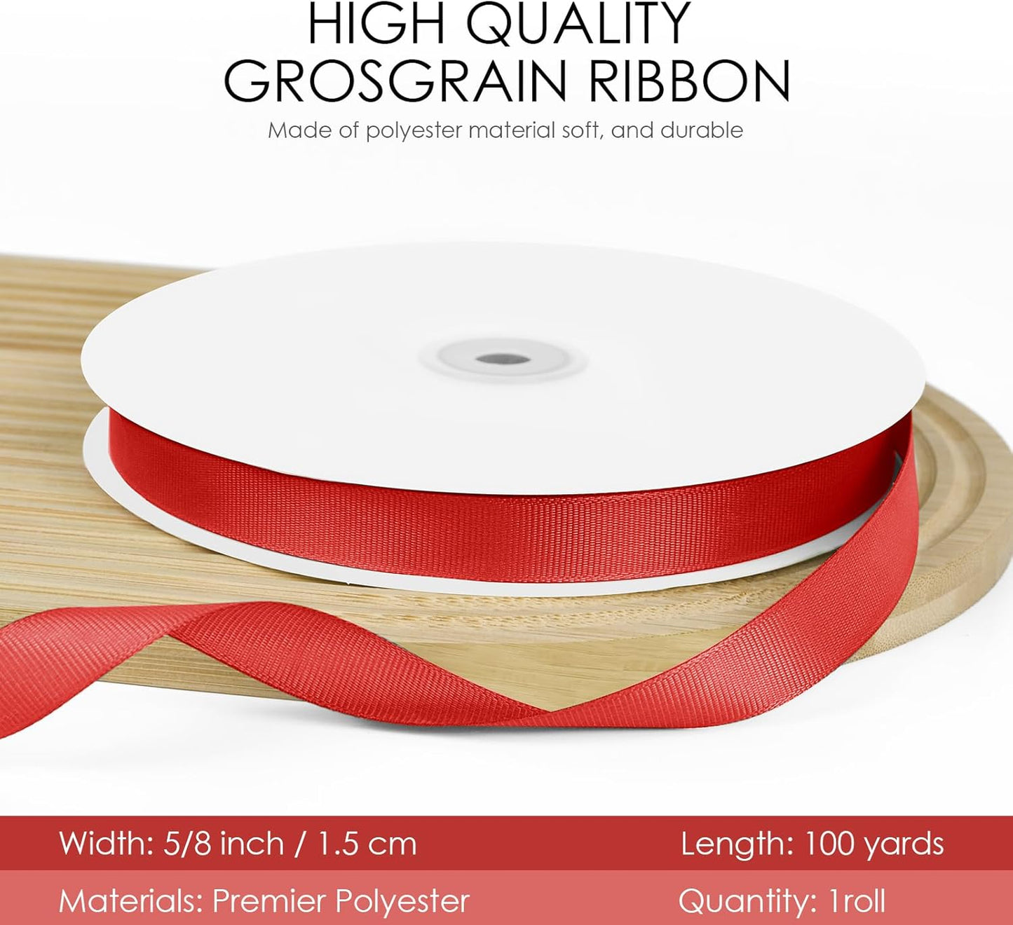 100 Yards 5/8 inch Grosgrain Ribbon, Solid Color Fabric Ribbon Perfect for Gift Wrapping, Wedding, Handmade Bows, Floral Bouquets and Party Decoration(red)
