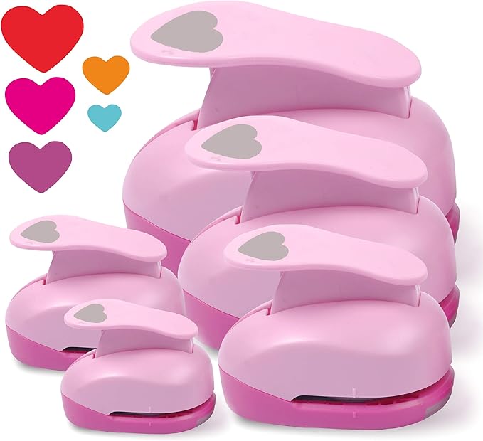 BearBoss 5 Pack Heart Punch, Craft Hole Punch Shapes, Pink Paper Puncher, Different Size of Scrapbooking Punches for Greeting Card Making, Handcraft, DIY Albums Photos, 0.3'' 0.6'' 1'' 1.5'' 2'' inch
