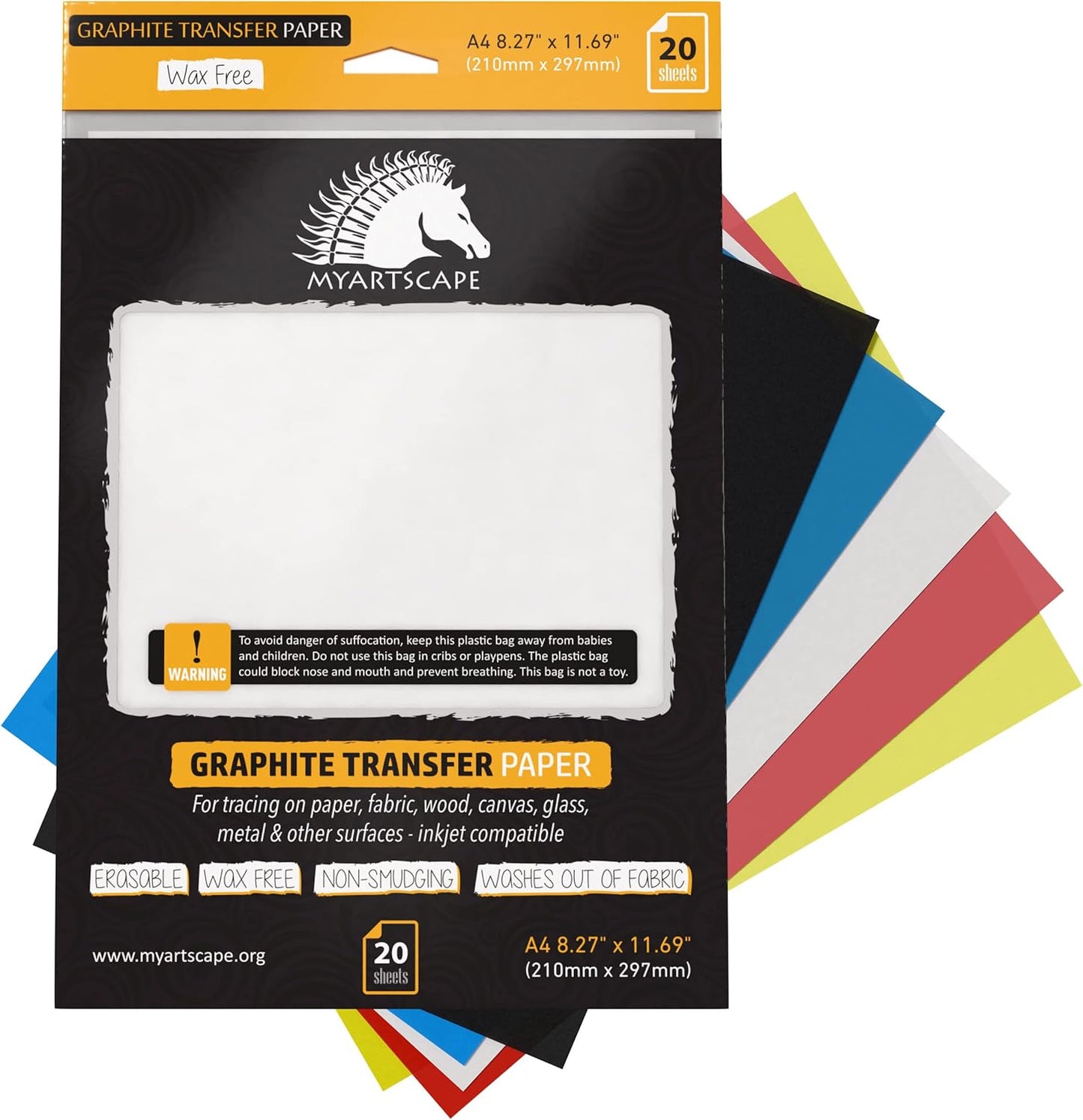 MyArtscape Graphite Transfer Paper, 20 Mixed Sheets - Wax Free - Erasable - Smudge-Free - Ideal for Drawing and Tracing - Premium Arts and Crafts Supplies