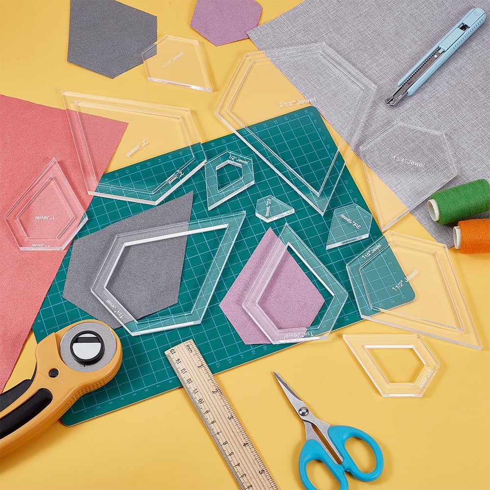 BENECREAT 16 Sizes Jewel Quilting Template, Acrylic Intricate Sewing Machine Ruler, Transparent Pressure Plate Router Template for DIY Hand Patchwork Cutting Craft, 6mm Thick