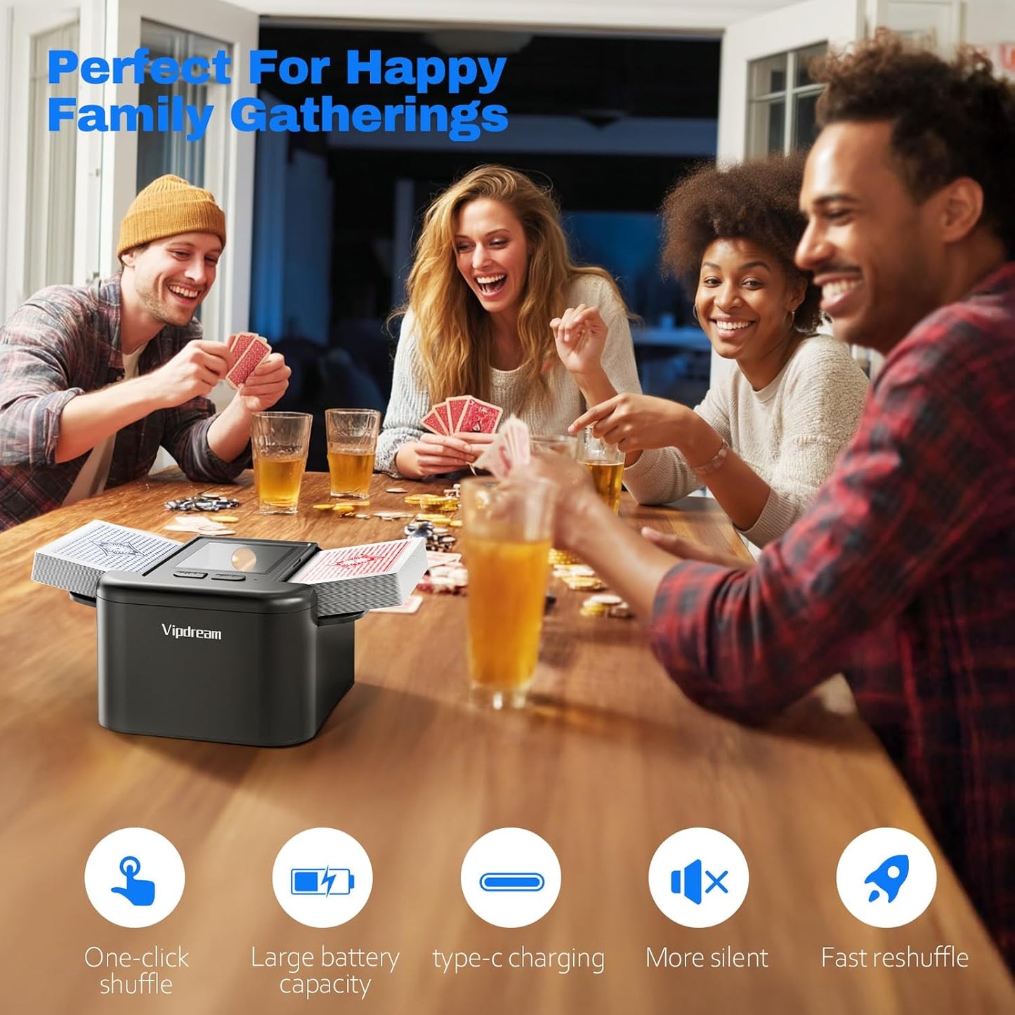 Automatic Card Shuffler for 1-2 Decks, Dual Mode Card Shuffler with USB-C Rechargeable Battery, Card Shuffler & Dealer for UNO, Skip-Bo, Poker, Blackjack, Texas Hold’em, Party & Travel