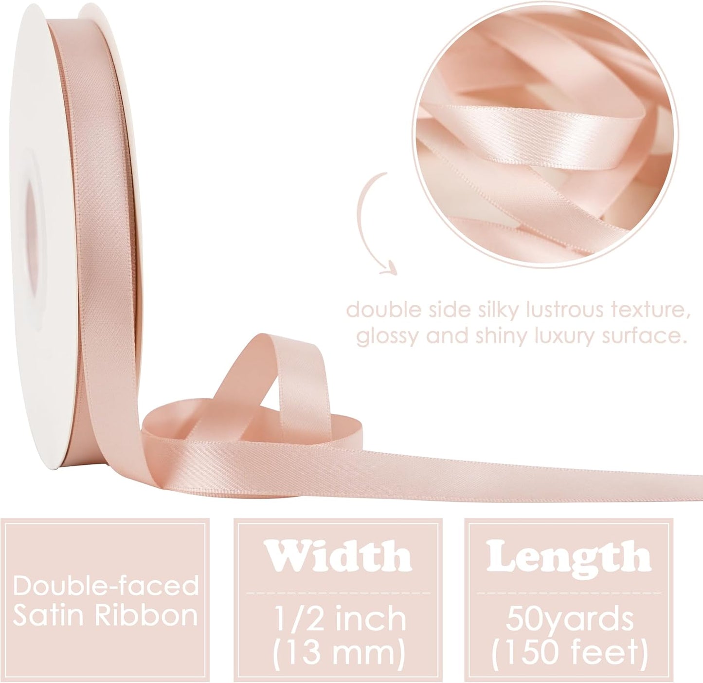 HUIHUANG Rose Gold Satin Ribbon 1/2 inch X 50 Yards Continuous, Rose Gold Pink Double-Faced Satin Ribbon for Gift Wrapping, Bows, DIY Crafts, Flower Bouquet, Wedding Decor, Christmas Decoration