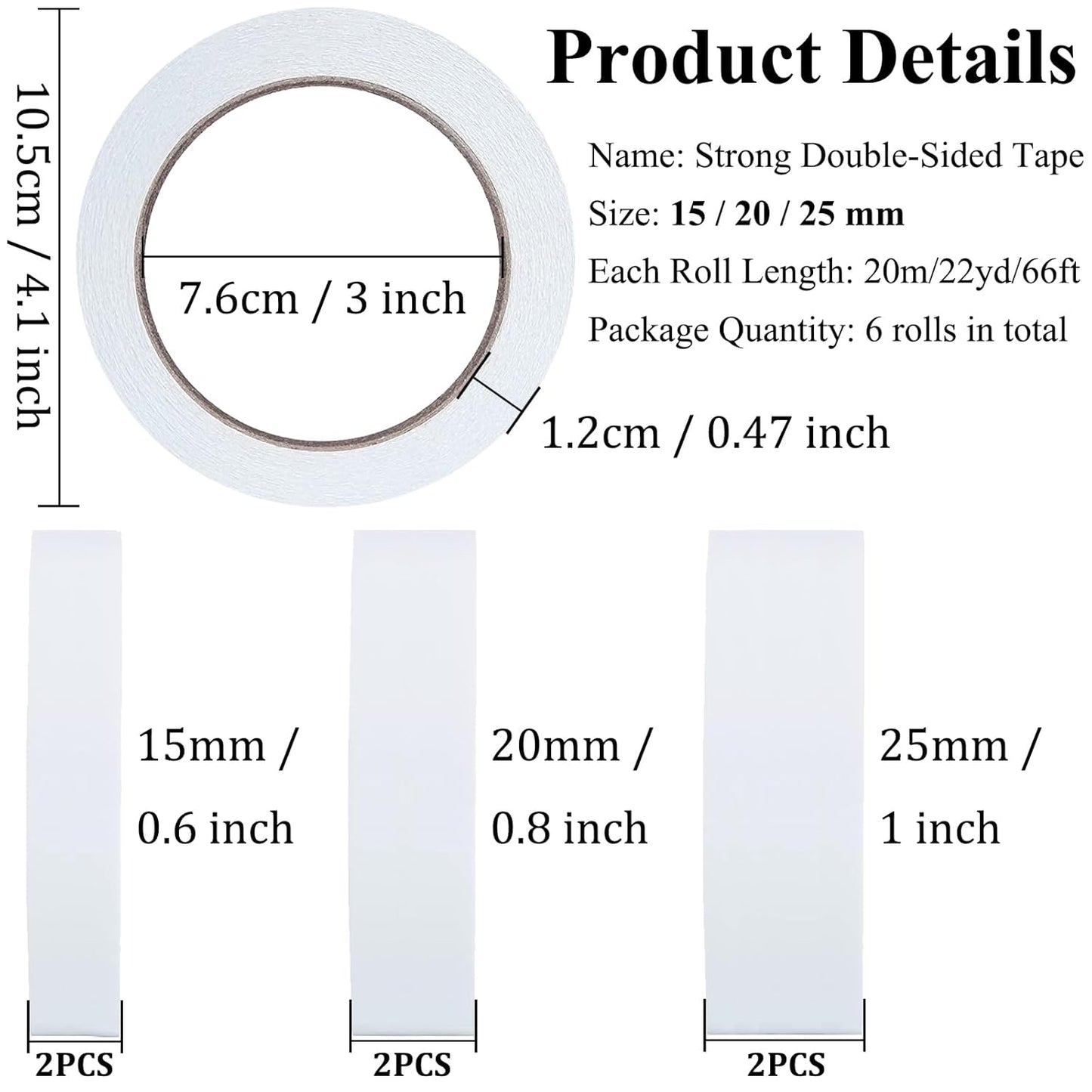 Double-Sided Fabric Tape, Hem Tape No Sew Double Sided Tape for Crafts Arts, 6 Rolls Strong Adhesive Cloth Sewing Tape for Hemming, Clothing Repairs, Pants, DIY Projects, Paper Backing (0.6/0.8/1inch)