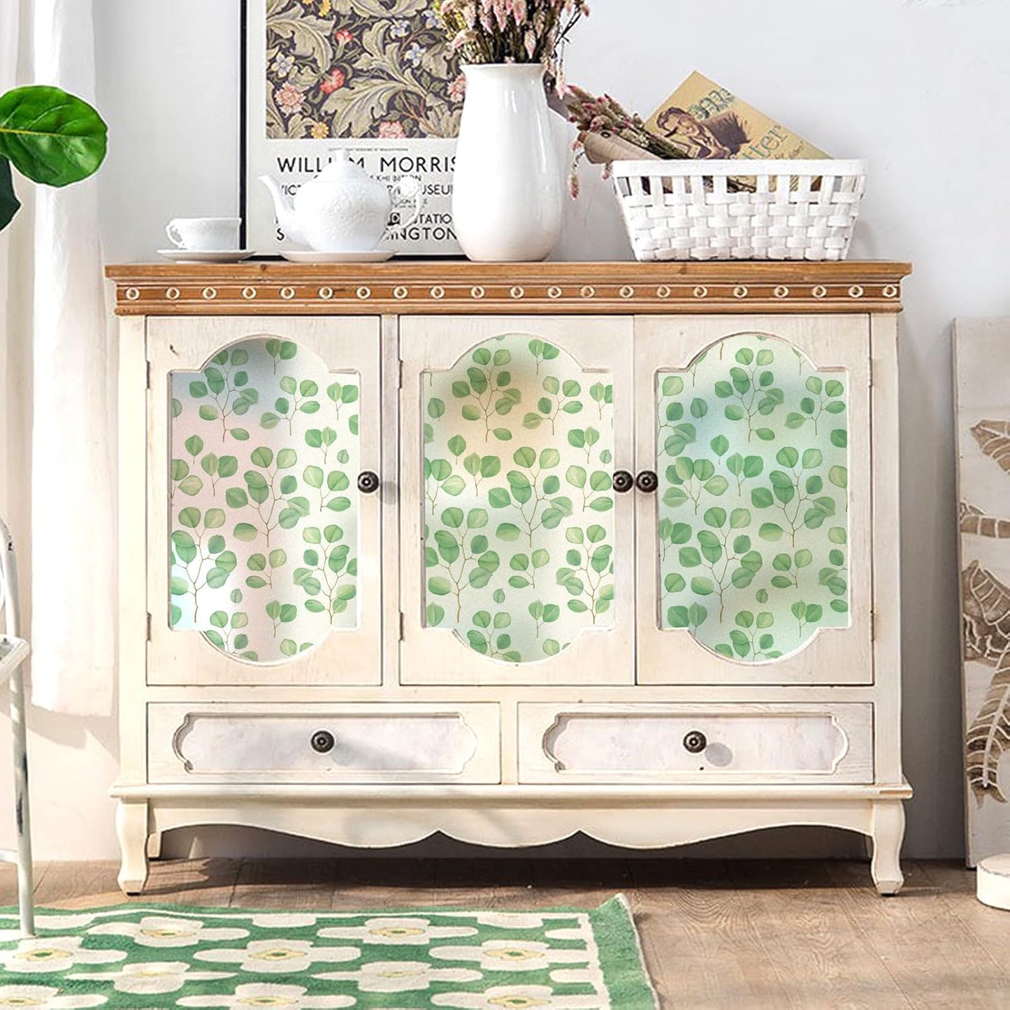 DKTIE Retro Leaves Pattern Two-Way Window Film Privacy Day and Night Window Privacy Film Decorative Stained Glass Window Clings for Birds (S222, 17.7" x 78.7")