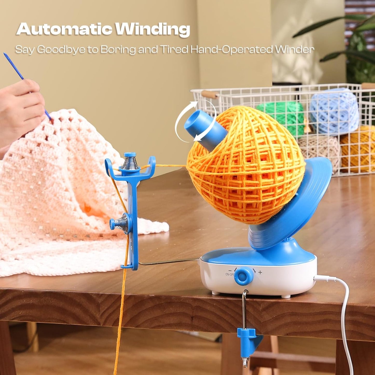 Caydo Electric Yarn Winder Pro, 10oz Large Automatic Ball Winder for Crocheting, Dual-Spring Strong Tension Stepless Speed Yarn Cake Roller Spinner, Ideal Present for Crochet Lovers(Blue)