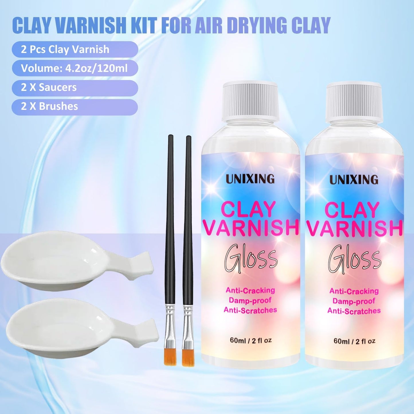 Air Dry Clay Glaze, Air Dry Clay Varnish, Polymer Clay Glaze, High Gloss Clay Sculpture Sealant for Air Dry Clay Pottery Waterproof Scratch Resistant Varnish for Clay (60ML X 2Pack)