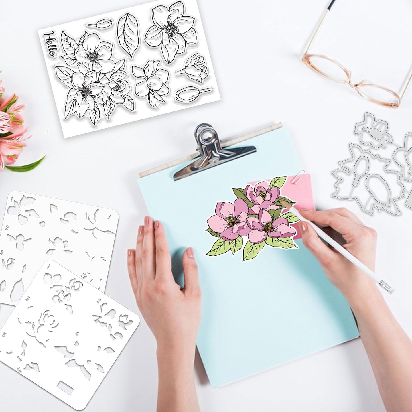 ORIGACH Realistic Magnolia Flower Stamps and Die and Layering Coloring Stencil Bundle for Card Making Album Arts Crafts Supplies