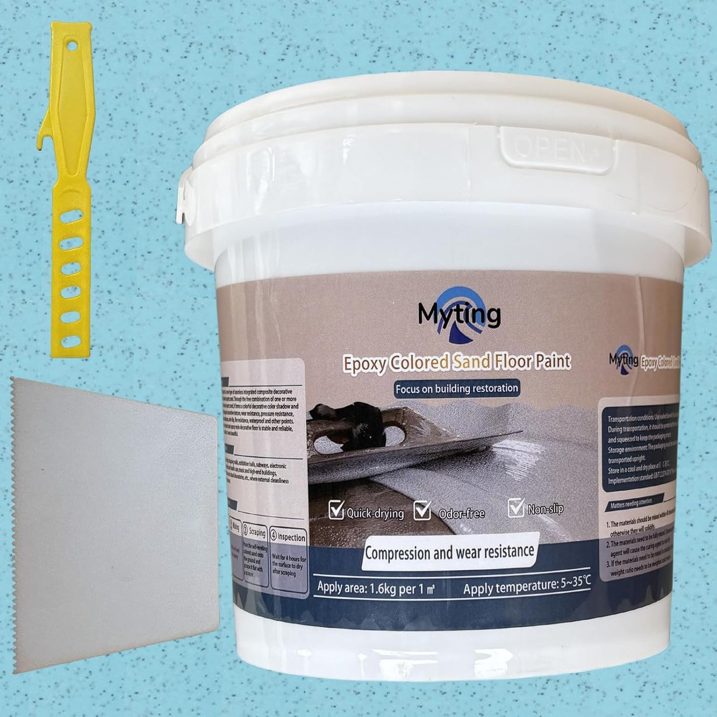 Epoxy Colored Sand Floor Paint, Epoxy Floor Paint High Gloss Marble Effect Coating for Indoor and Outdoor, Wear-resistant and non-slip Self-leveling Coating Blue 35OZ(1KG)