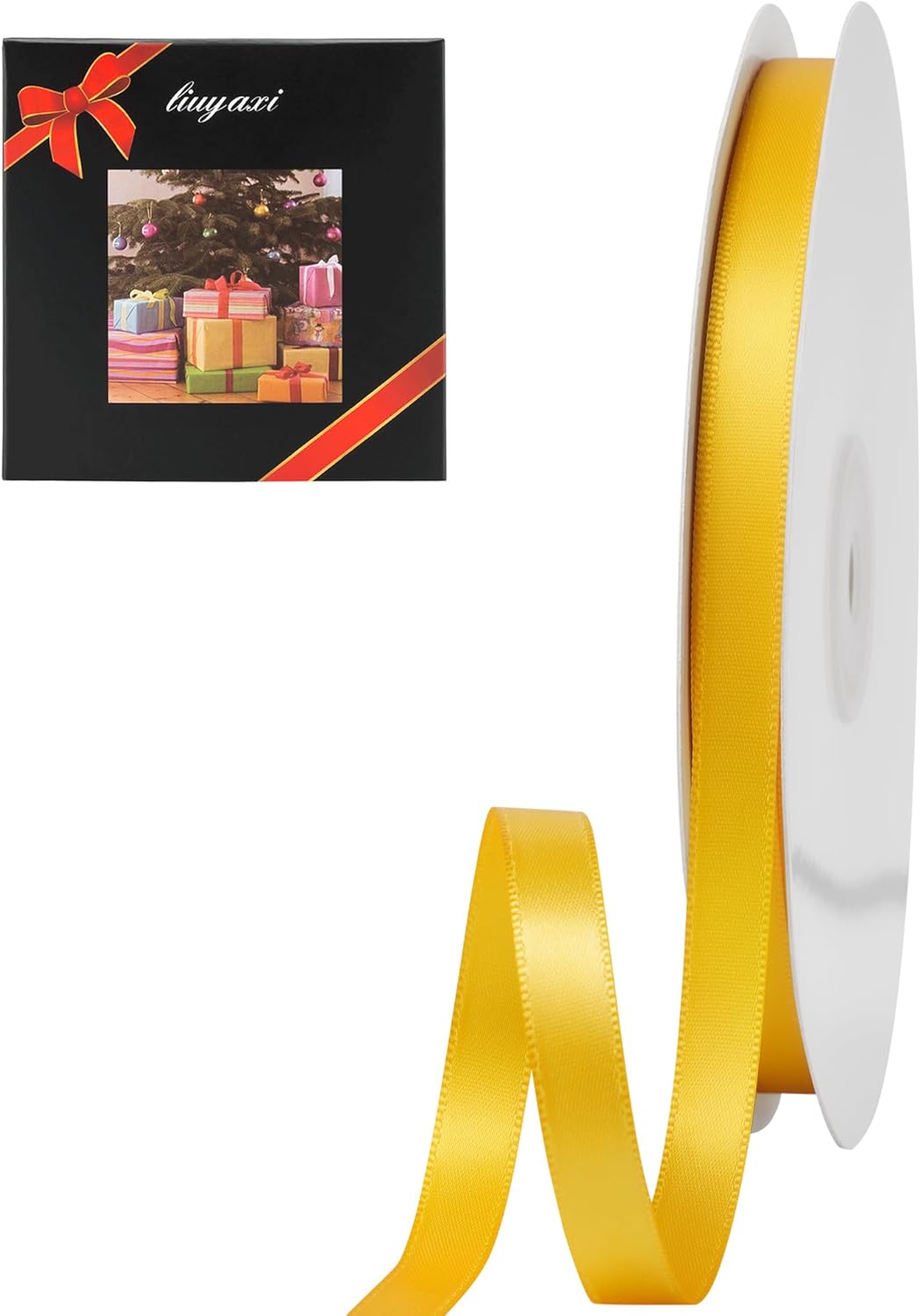 LIUYAXI Yellow Double Faced Satin Ribbon, 3/8" X Continuous 100 Yards, Ribbons Perfect for Gift Wrapping Bows Bouquet Wedding Decor DIY Craft and More