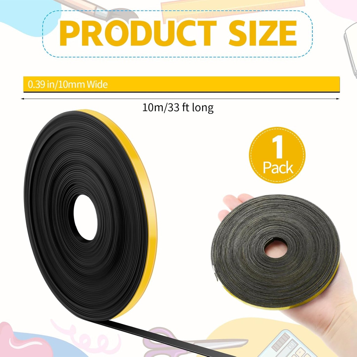 Magnetic Tape Roll Thin Strips, 0.39 Inch x 33 Feet Magnetic Board Dividers Whiteboard Graphic Decorative Tape Marking Line for Classroom Office Art Accessories(Yellow)