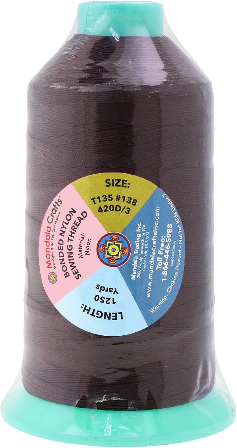 Mandala Crafts Bonded Nylon Thread Dark Brown Heavy Duty Sewing Threads - 1250 YDs Size 138 420D T135 Tex 135 Thread for Leather Jeans Weaving Outdoor Marine Upholstery Threads