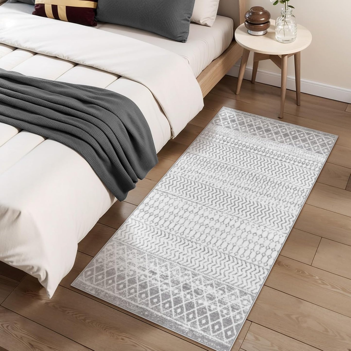 Moroccan Washable Area Rug, 2x4 Non-Slip Front Door Mat Indoor Entrance, Low-Pile Distressed Grey Rug Throw Rugs for Bedroom Kitchen Bathroom Laundry Room