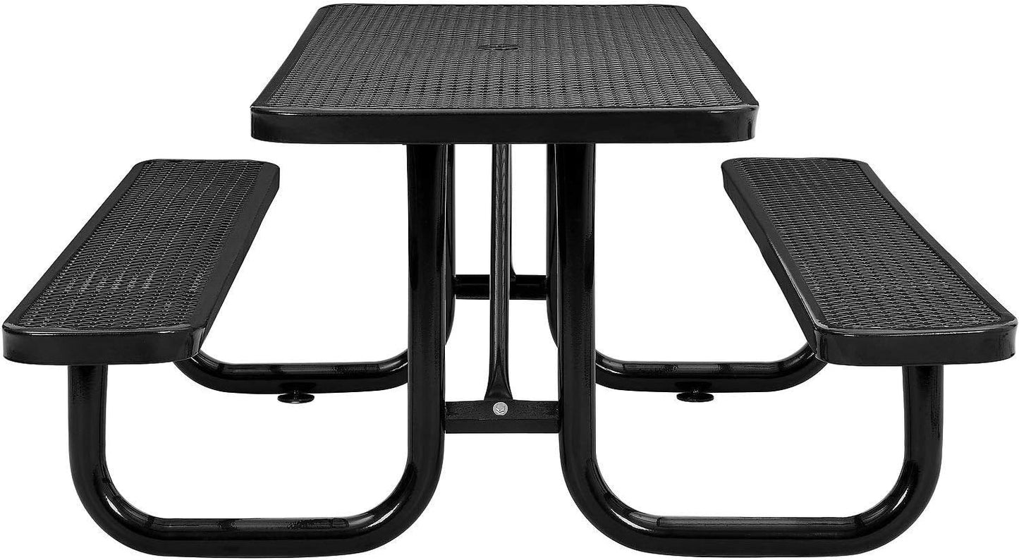 Global Industrial 6’L Rectangular Picnic Table, Expanded Metal, Black Thermoplastic Coating, Attached Benches, 1-1/2” Umbrella Pole Hole, Outdoor-Rated, 1000 lb Capacity, 72” x 30” Tabletop