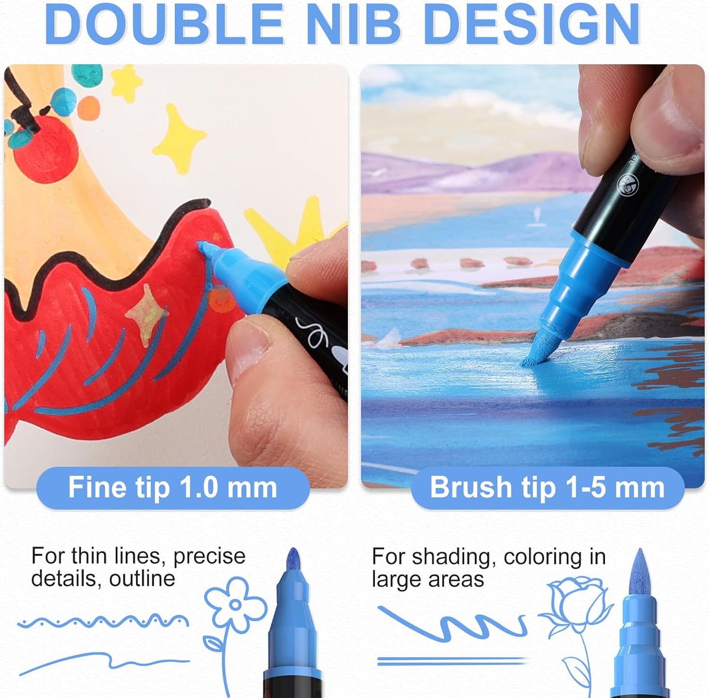 TOSAHRE Acrylic Paint Pens Markers 60 Colors Waterproof Dual Tip Acrylic Markers Set with Brush & Fine Tip Coloring Pens for Rock Painting Wood Scrapbook Fabric Glass Ceramic DIY Craft Art Supplies