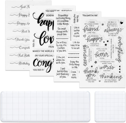 UCEC 4 Sheets Words Clear Stamps for Card Making Silicone Stamp with 2 PCS Acrylic Stamp Block for Easter Birthday Holiday Card and DIY Scrapbooking Journal(Classic)