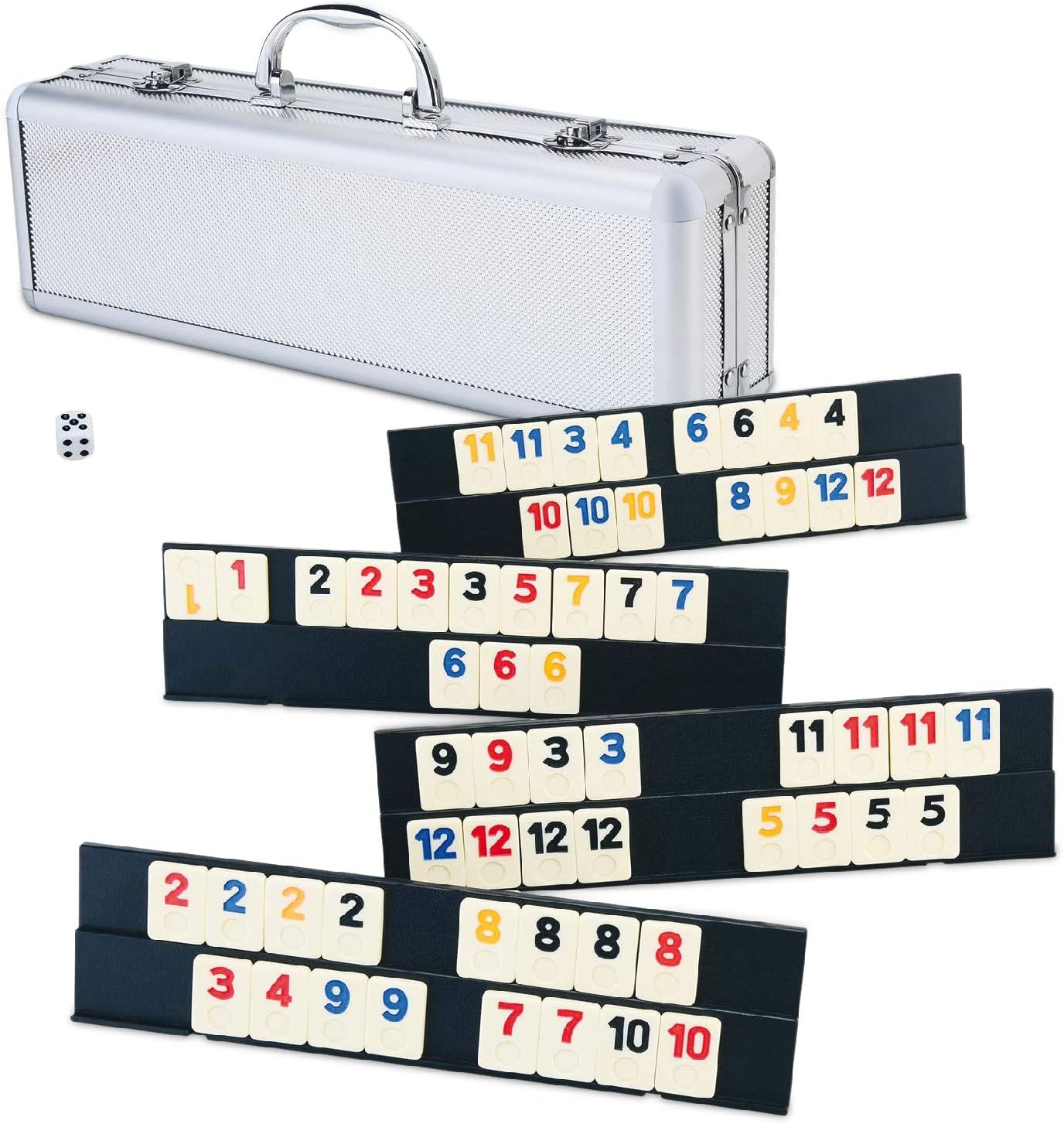 ERLLE - 106 Rummy Tiles Game Set with Aluminum Case. Deluxe Rummy Cube Game for Adults & Families, Includes 4 Anti-Skid Racks, Dice. Travel Board Game for 2-4 Players, Colorful Melamine Tiles.
