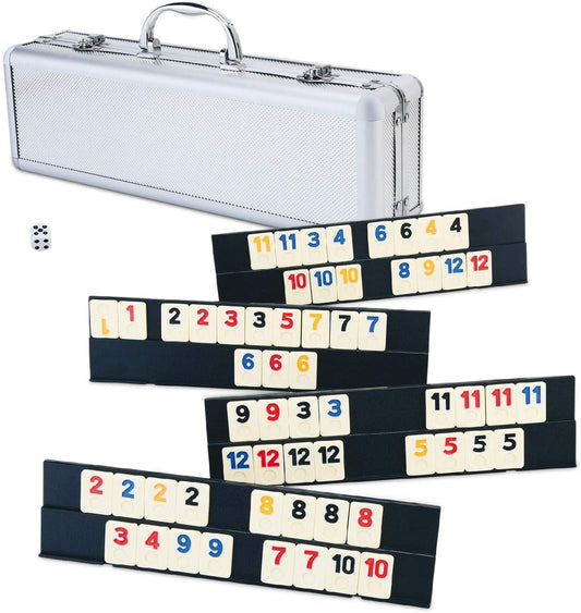 ERLLE - 106 Rummy Tiles Game Set with Aluminum Case. Deluxe Rummy Cube Game for Adults & Families, Includes 4 Anti-Skid Racks, Dice. Travel Board Game for 2-4 Players, Colorful Melamine Tiles.