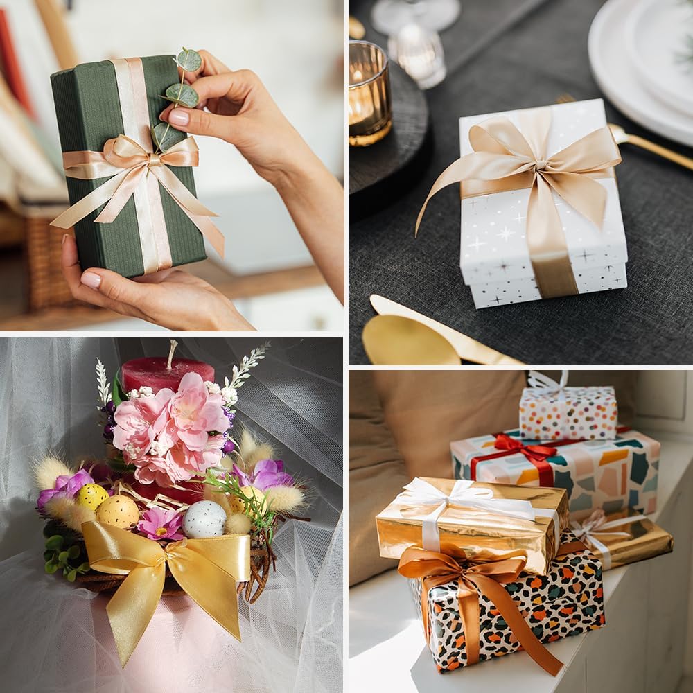 3/8" x 50 Yards Satin Ribbon - Champagne Gold Silk Ribbon with Spool - Ideal for Gift Wrapping, Floral Bouquets, Crafts, Wedding Party Decorations, Christmas and Sewing Projects